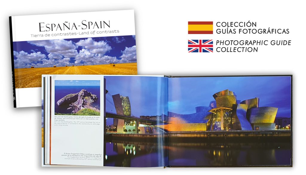 Libro de fotografía de España en tapa dura con panorámicas únicas y colores vibrantes. Guggenheim iluminado y Gaztelugatxe Pais Vasco