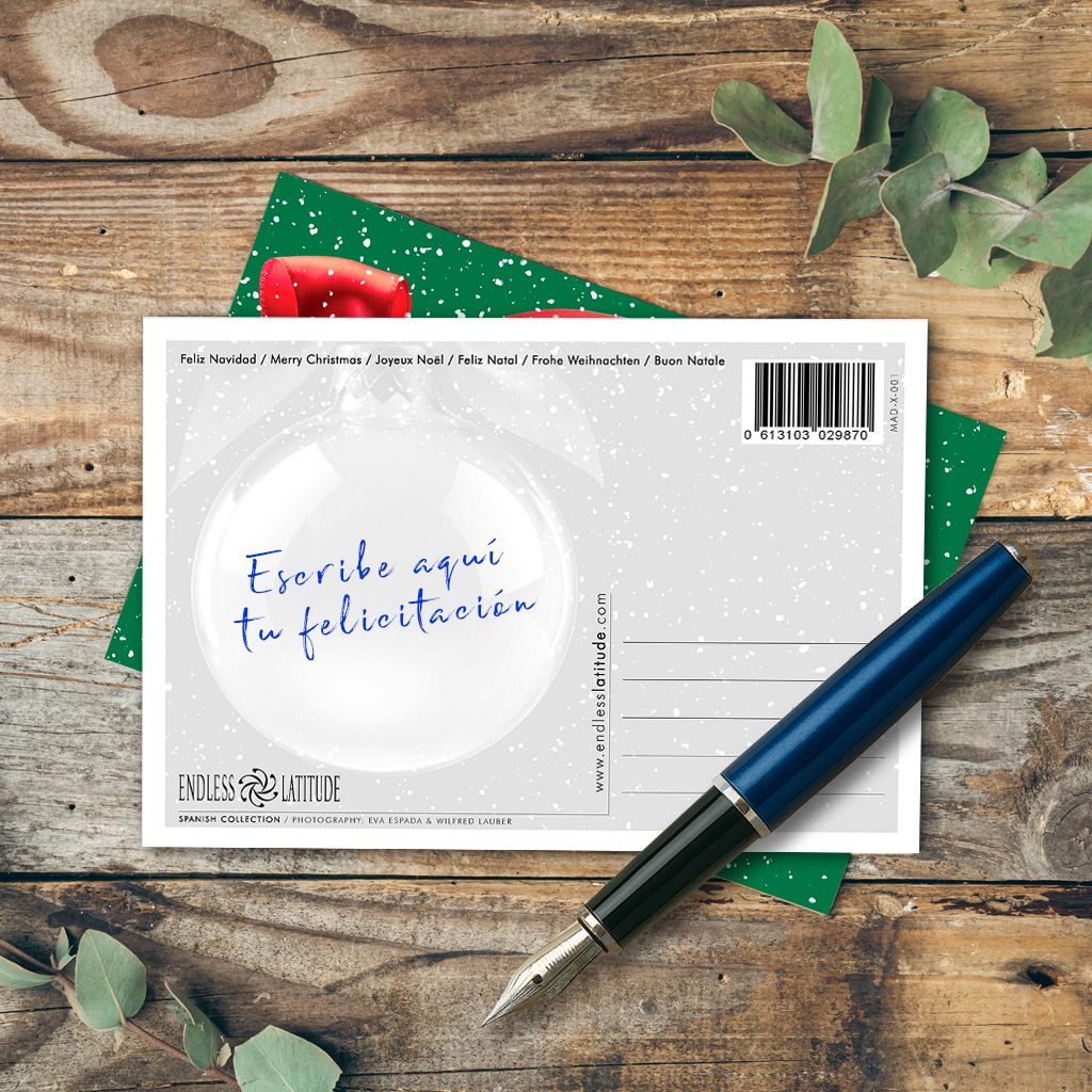 Postales de Navidad de España con fotografía en bola de cristal roja y verde, souvenir decorativo y regalo original para españoles y amantes de la Navidad.